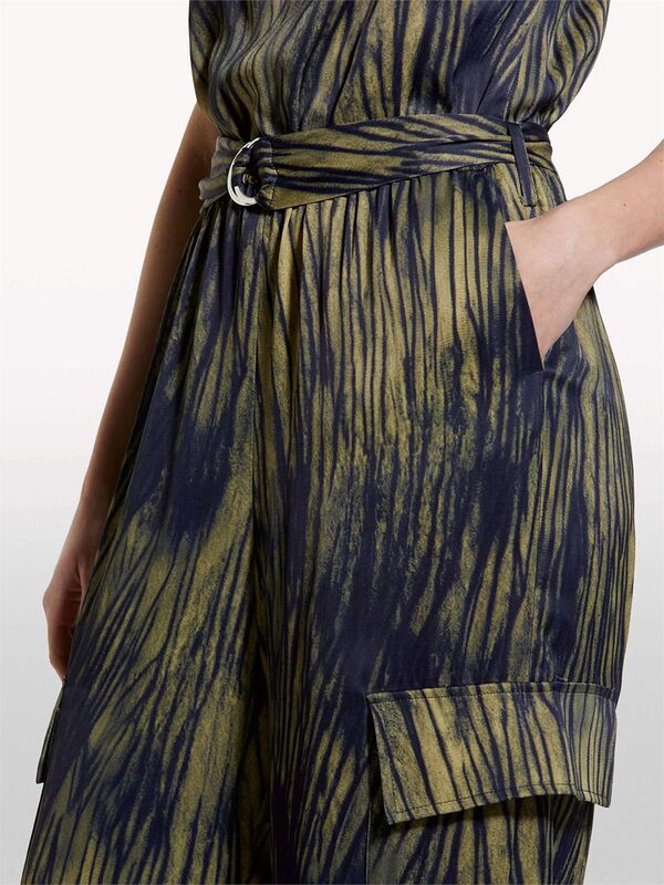 Viskoz Saten Desenli Beli Lastikli Askılı Tulum Kadın Yeşil Tulum - 325P48JCLT00O