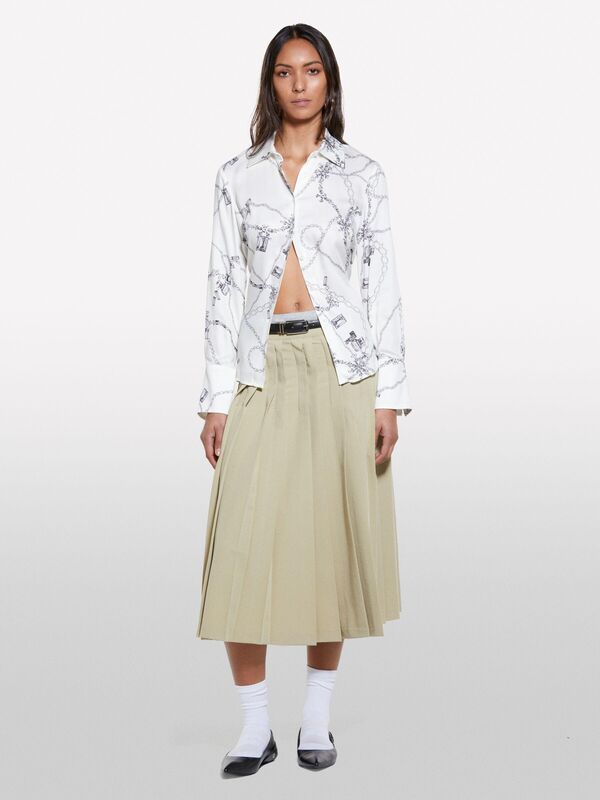 Viskozlu Pileli Yırtmaç Detaylı Midi Etek Kadın Kum Rengi Etek - 325P4KVXL002M