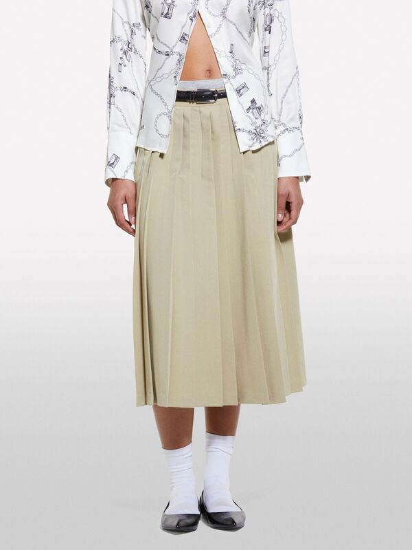 Viskozlu Pileli Yırtmaç Detaylı Midi Etek Kadın Kum Rengi Etek - 325P4KVXL002M