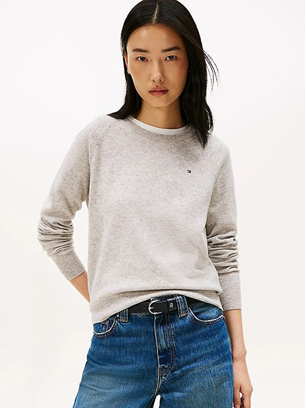 Tommy Hilfiger - WOOL CASH C-NK LS SWEATER Kadın Gri Kazak - WW0WW47470