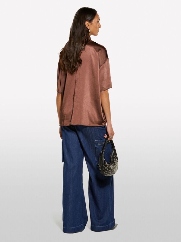 Yakası Ribanalı Over Fit Saten T-Shirt Kadın kahverengi T-Shirt - 325P5KANLQ08L