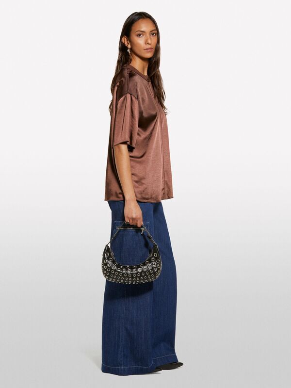 Sisley - Yakası Ribanalı Over Fit Saten T-Shirt Kadın kahverengi T-Shirt - 325P5KANLQ08L