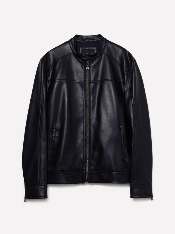 Yanları Cepli Fermuarlı Dar Kesim Suni Deri Ceket Erkek Siyah Ceket - 324A2KLSSN036