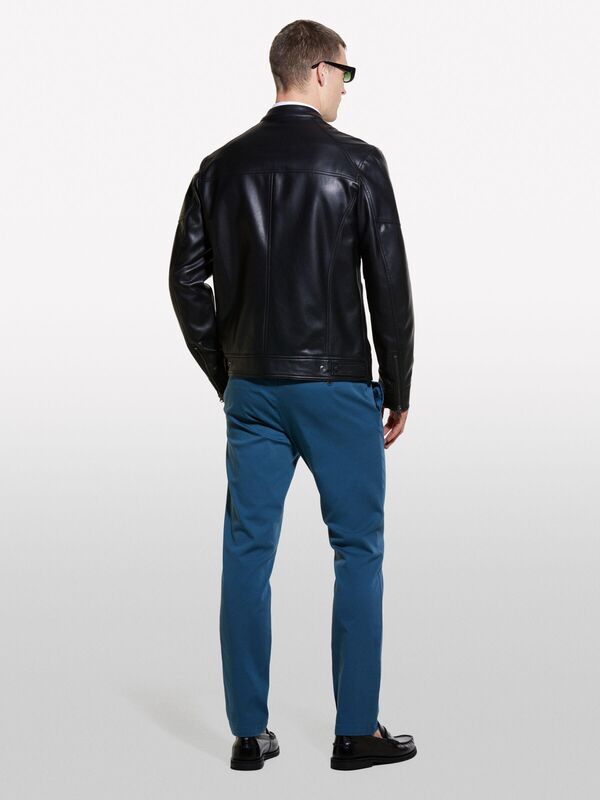 Yanları Cepli Fermuarlı Dar Kesim Suni Deri Ceket Erkek Siyah Ceket - 324A2KLSSN036