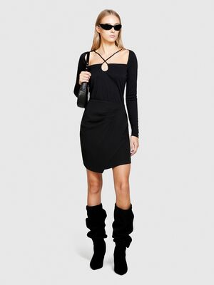 Sisley - Yüksek Bel Önü Dökümlü Pileli Krep Mini Etek Kadın Siyah Etek - 323A4RA0L001F