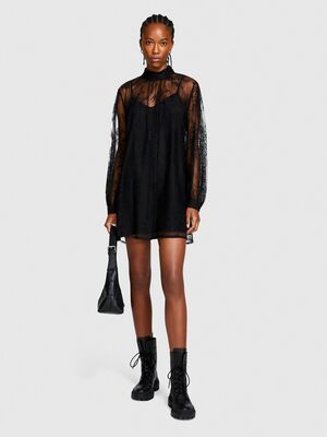 Sisley - Yüksek Yakalı Uzun Kollu Dantel Elbise Kadın Siyah Elbise - 323A4FBYLV048