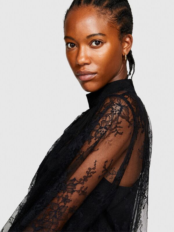 Yüksek Yakalı Uzun Kollu Dantel Elbise Kadın Siyah Elbise - 323A4FBYLV048