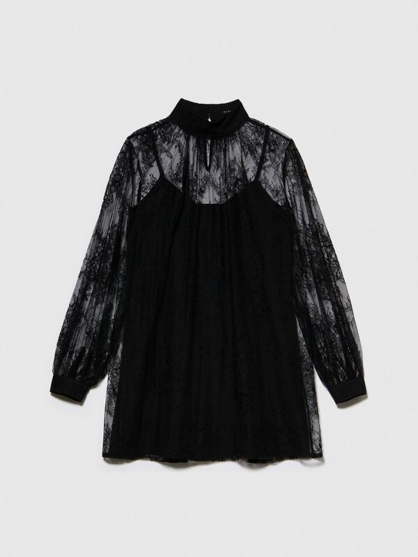 Yüksek Yakalı Uzun Kollu Dantel Elbise Kadın Siyah Elbise - 323A4FBYLV048