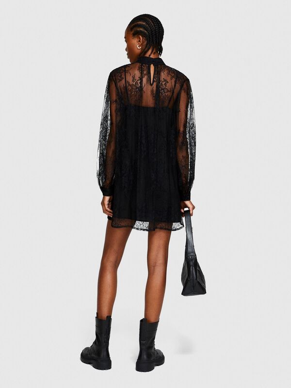 Yüksek Yakalı Uzun Kollu Dantel Elbise Kadın Siyah Elbise - 323A4FBYLV048