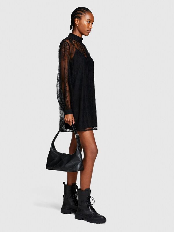 Yüksek Yakalı Uzun Kollu Dantel Elbise Kadın Siyah Elbise - 323A4FBYLV048