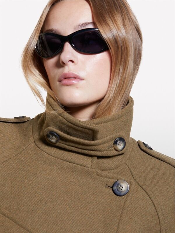 Yün Karışımlı Beli Kemerli Yüksek Yaka Midi Kaban Kadın Haki Kaban - 324A22USLN055