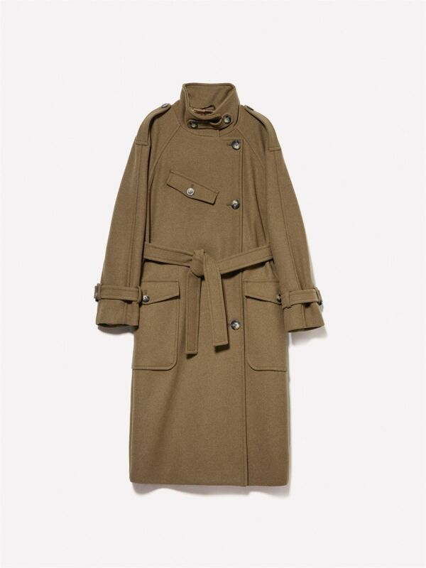 Yün Karışımlı Beli Kemerli Yüksek Yaka Midi Kaban Kadın Haki Kaban - 324A22USLN055