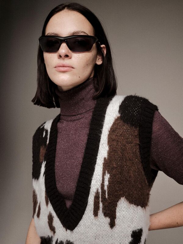 Yün Karışımlı Desenli V Yaka Süveter Kadın Siyah Süveter - 324A106QL4015