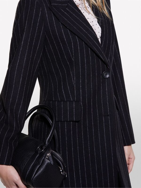 Yün Karışımlı İki Düğmeli İnce Çizgili Kaban Kadın Siyah Mix Kaban - 324A2G1DLN04Z