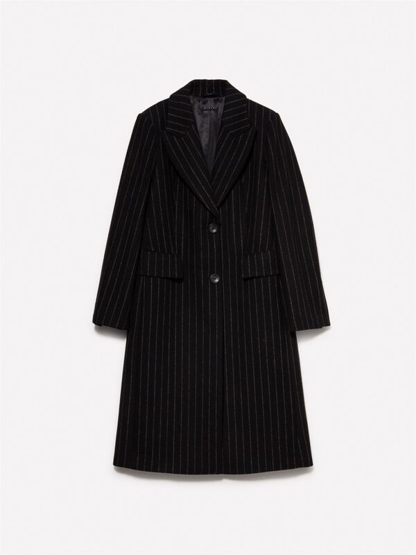 Yün Karışımlı İki Düğmeli İnce Çizgili Kaban Kadın Siyah Mix Kaban - 324A2G1DLN04Z