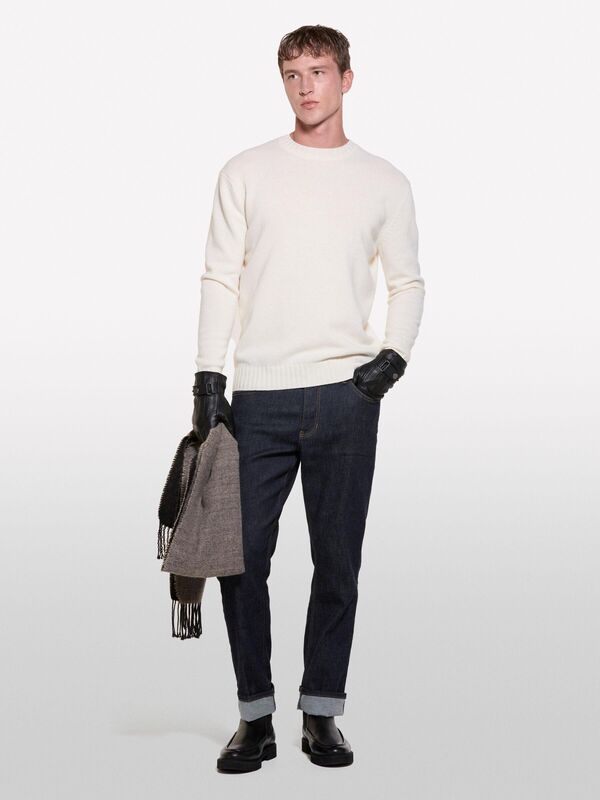 Sisley - Yün Karışımlı Normal Kesim Bisiklet Yaka Kazak Erkek Krem Kazak - 324A1244S102F