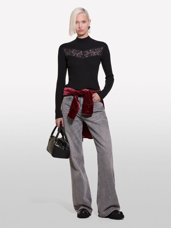 Yün Karışımlı Önü Dantel Detaylı Dar Kesim Kazak Kadın Siyah Kazak - 324A1M9AL201V