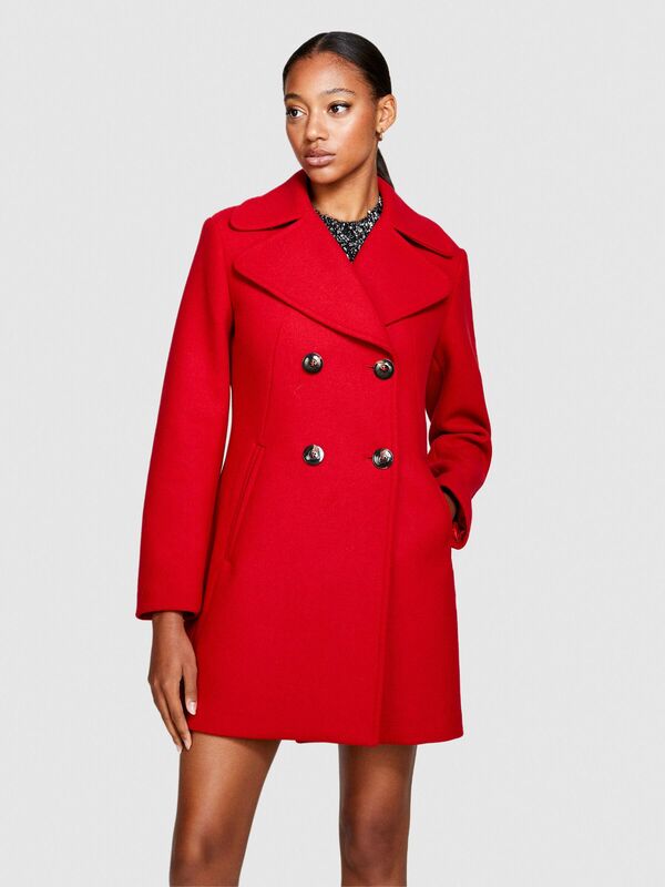 Sisley - Yün Karışımlı Slim Fit Kruvaze Kaban Kadın Kırmızı Mont - 323A2H4ZLN03J