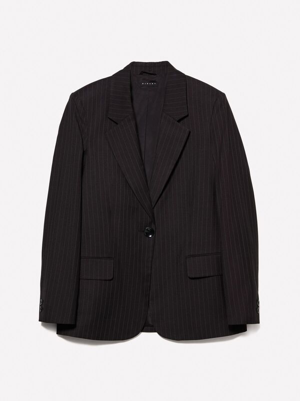 Yün Karışımlı Tek Düğmeli İnce Çizgili Ceket Kadın Siyah Baskılı - 324A2C3DLW02J