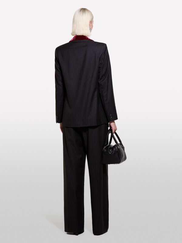 Yün Karışımlı Tek Düğmeli İnce Çizgili Ceket Kadın Siyah Baskılı - 324A2C3DLW02J