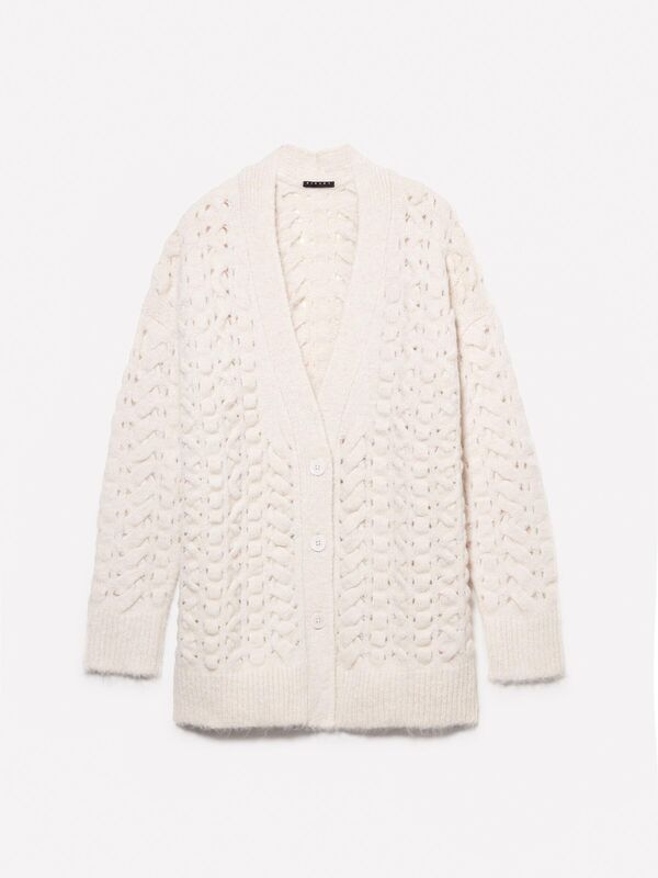 Yün Karışımlı Üç Düğmeli Geniş V Yaka Hırka Kadın Bej Hırka - 324A145YM6027