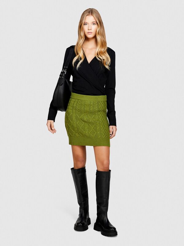 Yün Karışımlı Yüksek Bel Aran Motif Örgü Triko Mini Etek Kadın Yeşil Etek - 323A17L3M0008