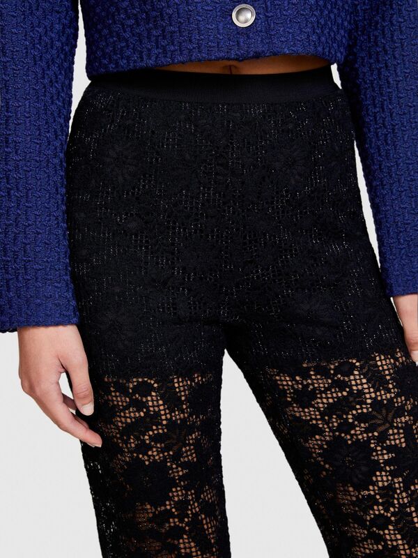Yün Karışımlı Yüksek Bel Dantel Efektli Pantolon Kadın Siyah T-Shirt - 323A48C6LF03W
