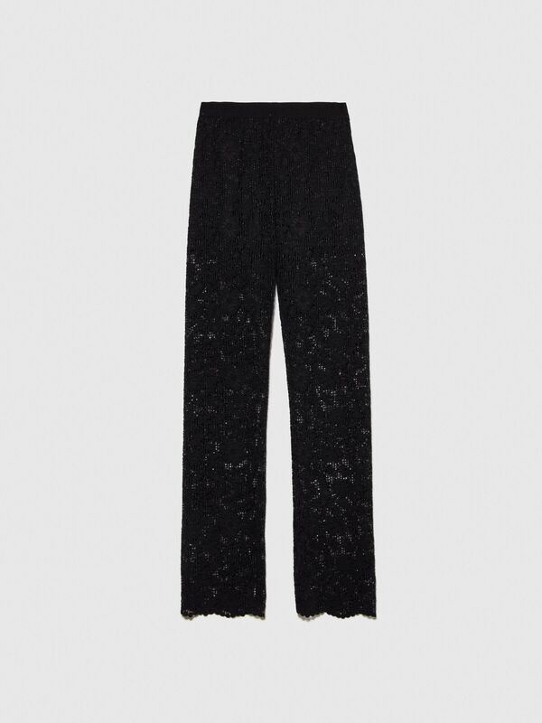 Yün Karışımlı Yüksek Bel Dantel Efektli Pantolon Kadın Siyah Pantolon - 323A48C6LF03W